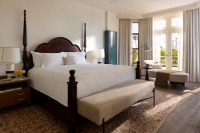 The Langham Huntington, Pasadena Executive Suite features a large master bedroom, powder room and cozy living area.