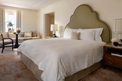 The Langham Huntington, Pasadena Superior Room features a signature Blissful Bed and Italian marble bathroom.