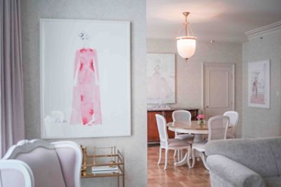 Indulge in the luxuriously dreamy Kerrie Hess Residence Suite, the apartment is elegantly furnished in pink and white.