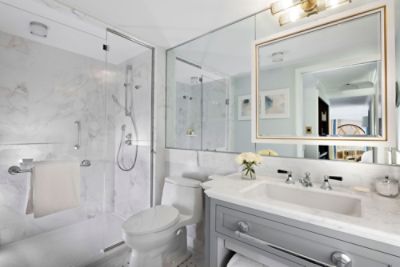 The Loft Suite features a sumptuous marble bathroom with large demister mirrors.