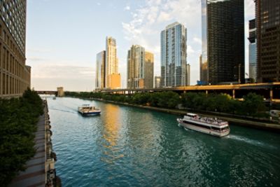 The Architectural Boat Tour on The Chicago River with Commercial Buildings