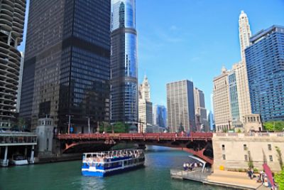 chicago river view with skyscrapers 