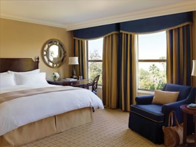 The Langham Huntington, Pasadena Deluxe Room features classic European-style furnishings and an Italian marble bathroom.