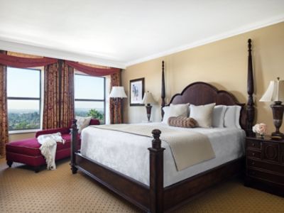 The Langham Huntington, Pasadena Executive Suite features a large master bedroom, powder room and cozy living area.