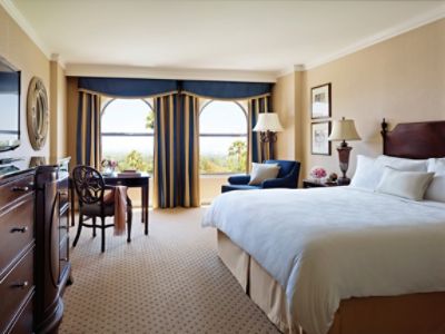 The Langham Huntington, Pasadena Superior Room features a signature Blissful Bed and Italian marble bathroom.