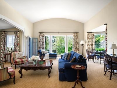 The Langham Huntington, Pasadena Wisteria California Cottage Suite offers a large master bedroom and separate living room along with shared patio.